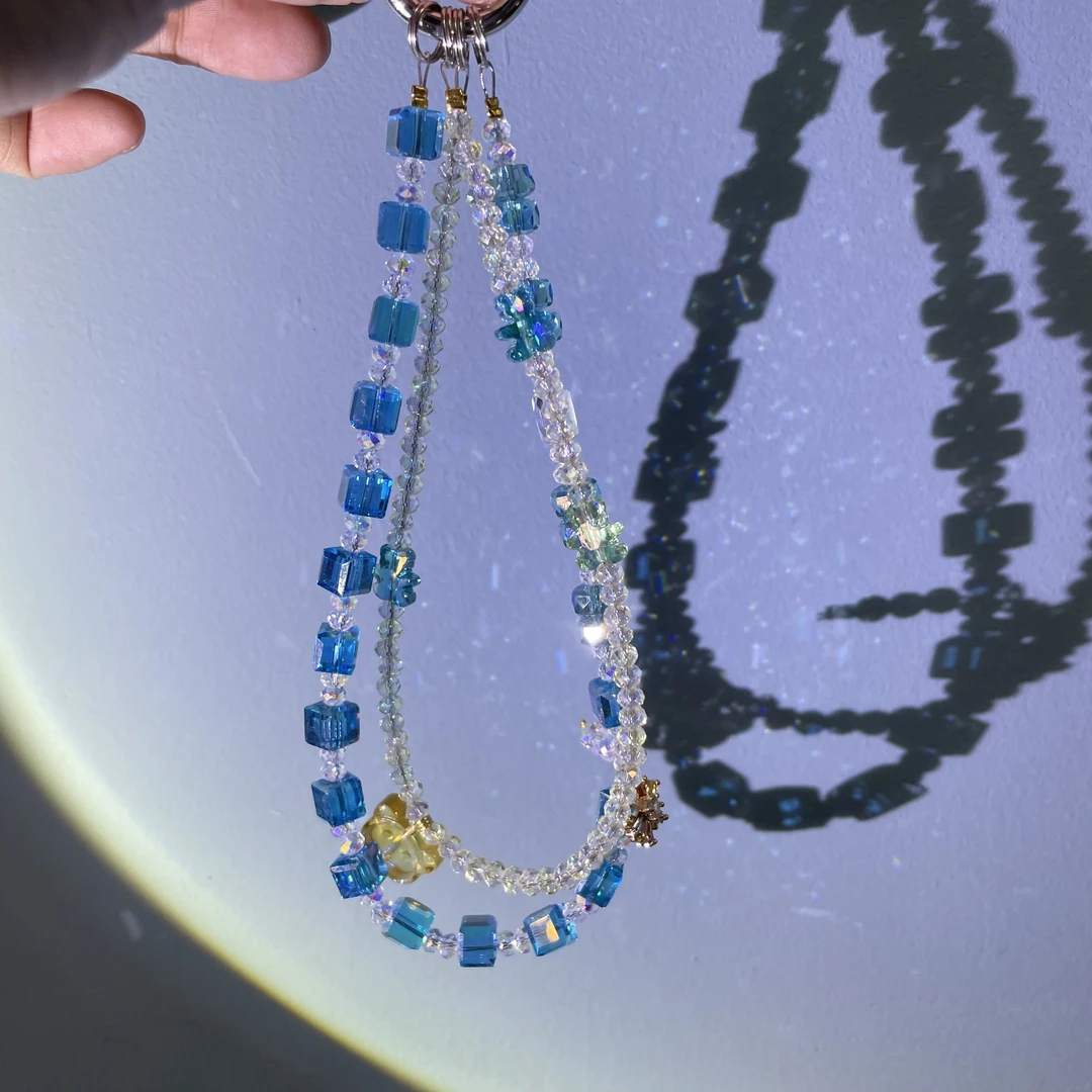 编织蓝色方糖双层款手机链c223