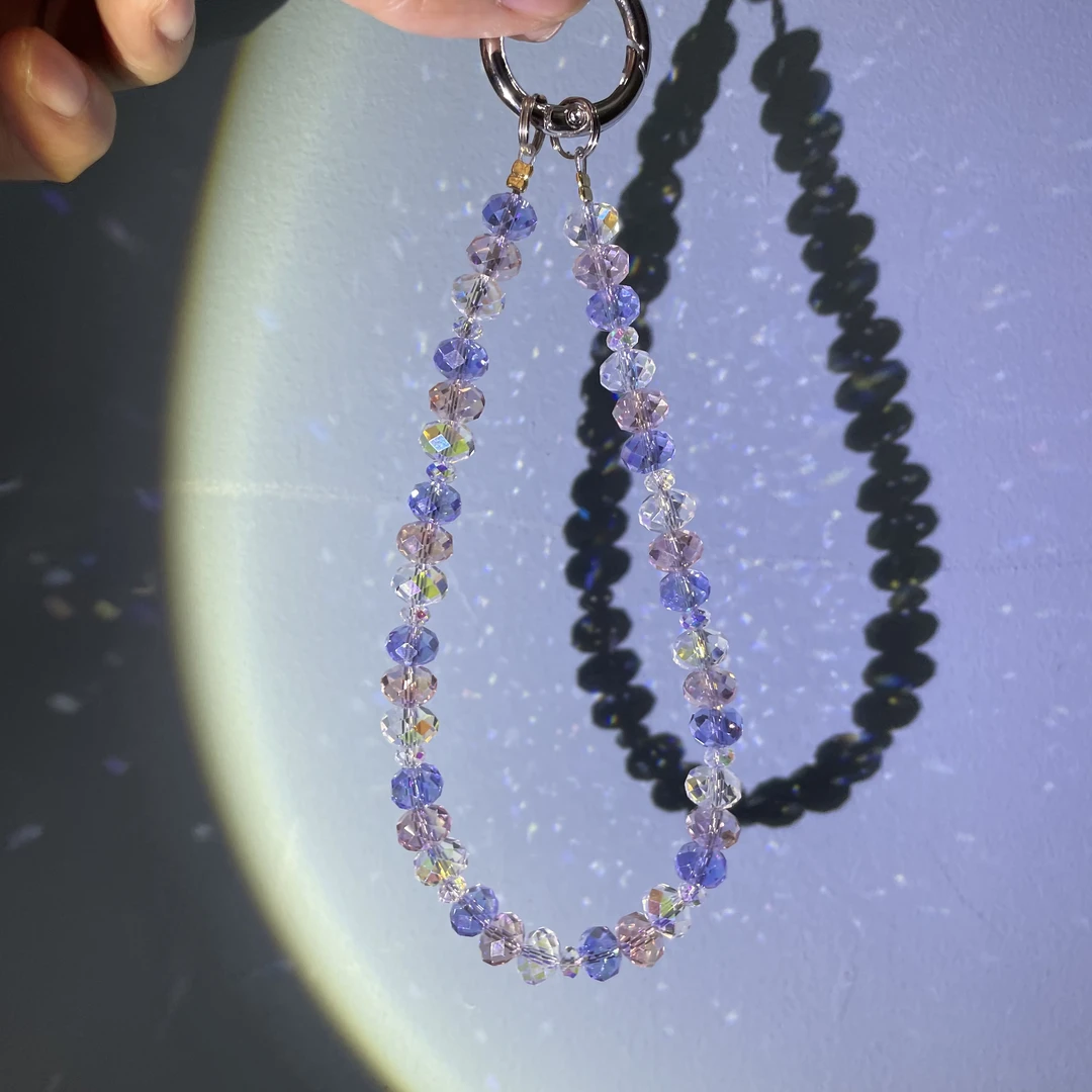 编织粉白紫三色扁珠手机链C865