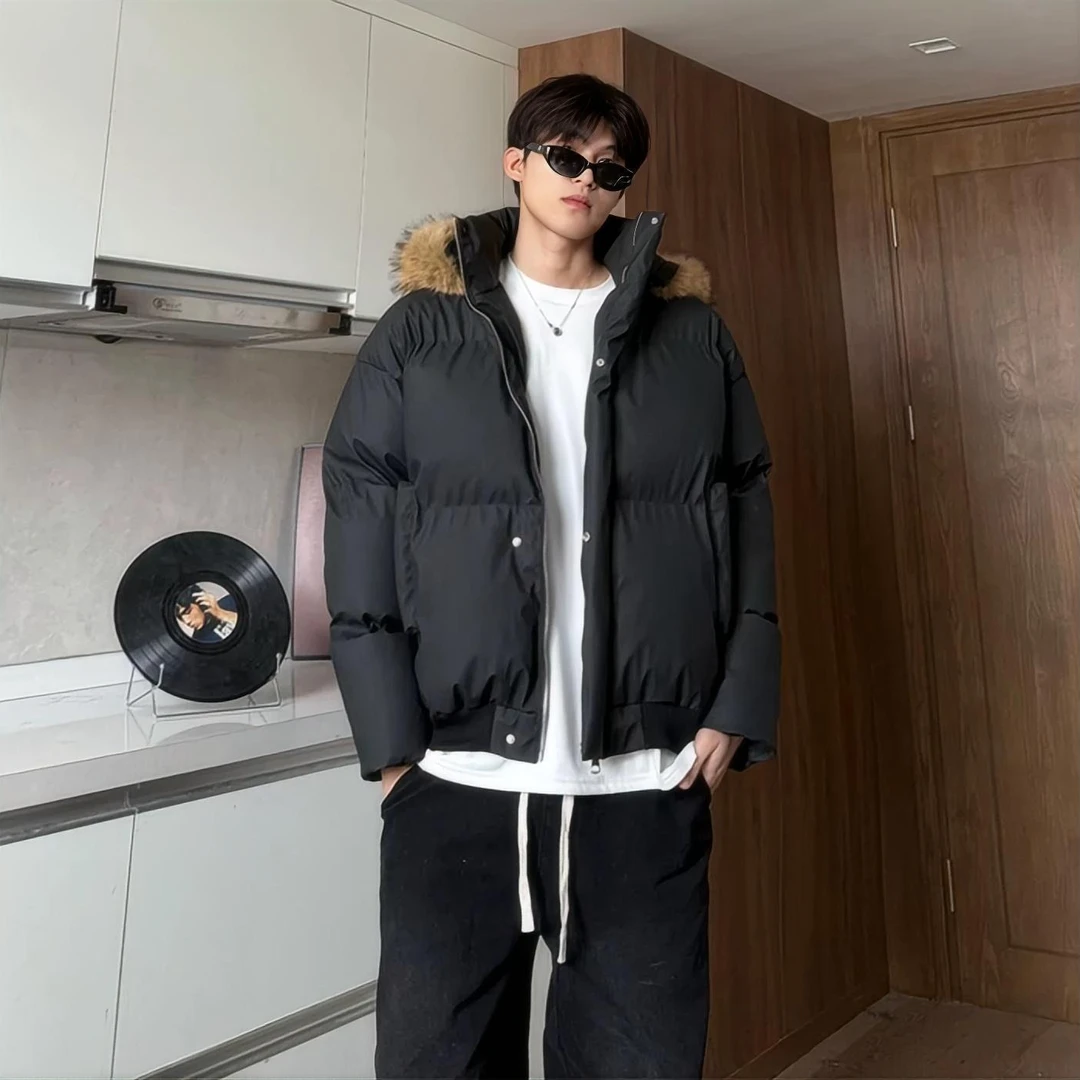 冬季新款美式高街复古简约pu皮棉衣男可拆卸毛领设计情侣棉服外套