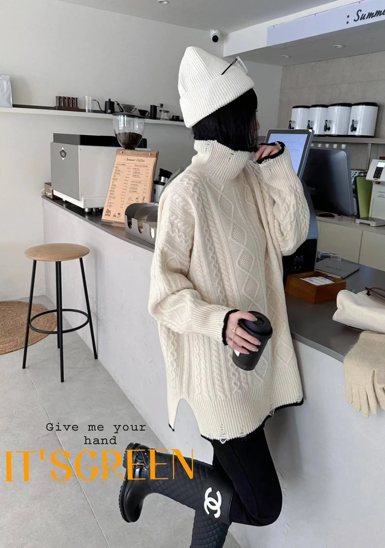 100%羊毛 高货高领镶白边绞花女羊毛衫（98036）