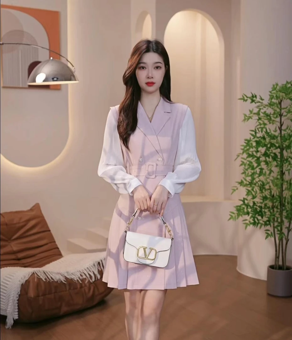 1783秋季新款女装拼接撞色长袖气质显瘦西装连衣裙