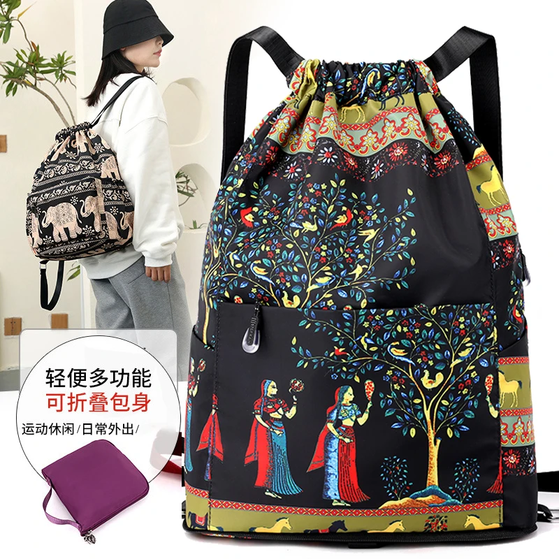 【专柜包邮】新款女士折叠抽绳收纳包防泼水双肩背包 超轻便携