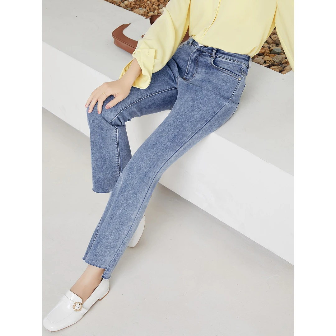 1453柒量一裁小个子蓝色不规则微喇微弹高腰休闲牛仔裤女款