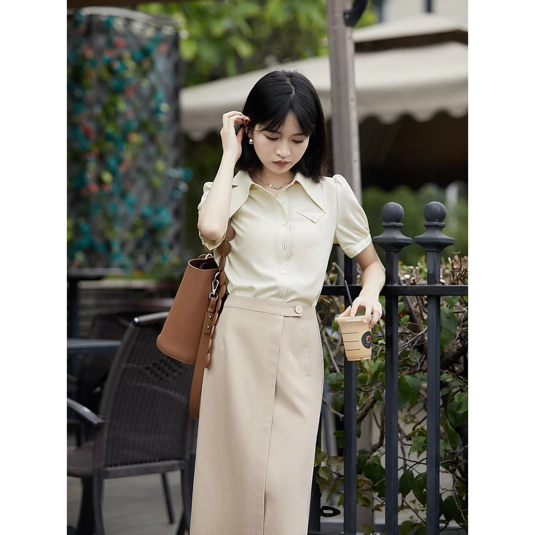 0607柒量一裁小个子浅黄色轻薄衬衣莫代尔通勤高级感衬衫短袖上衣