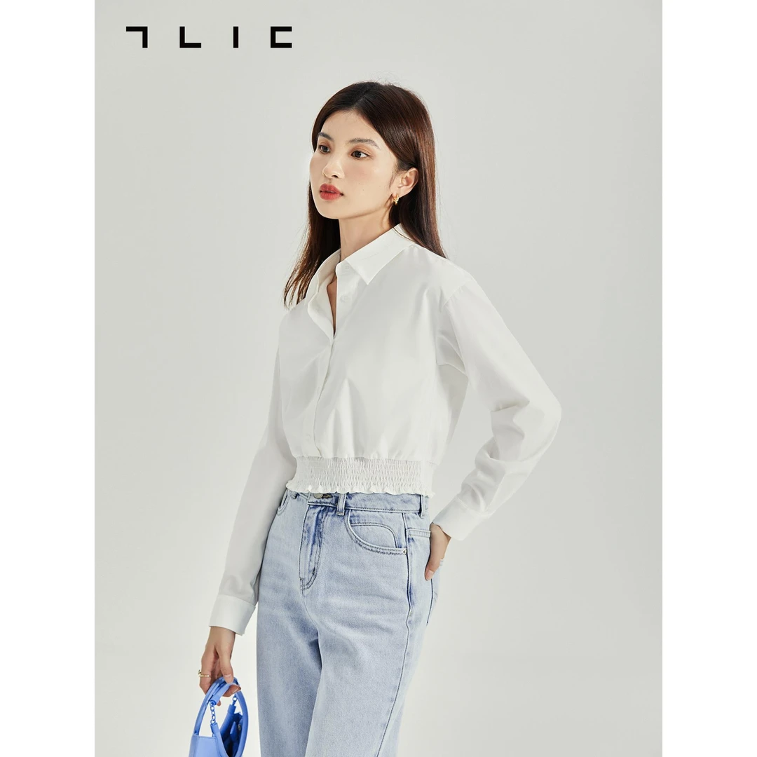 3017柒量一裁小个子白衬衫弹力收腰短款内搭长袖上衣洋气女款外穿
