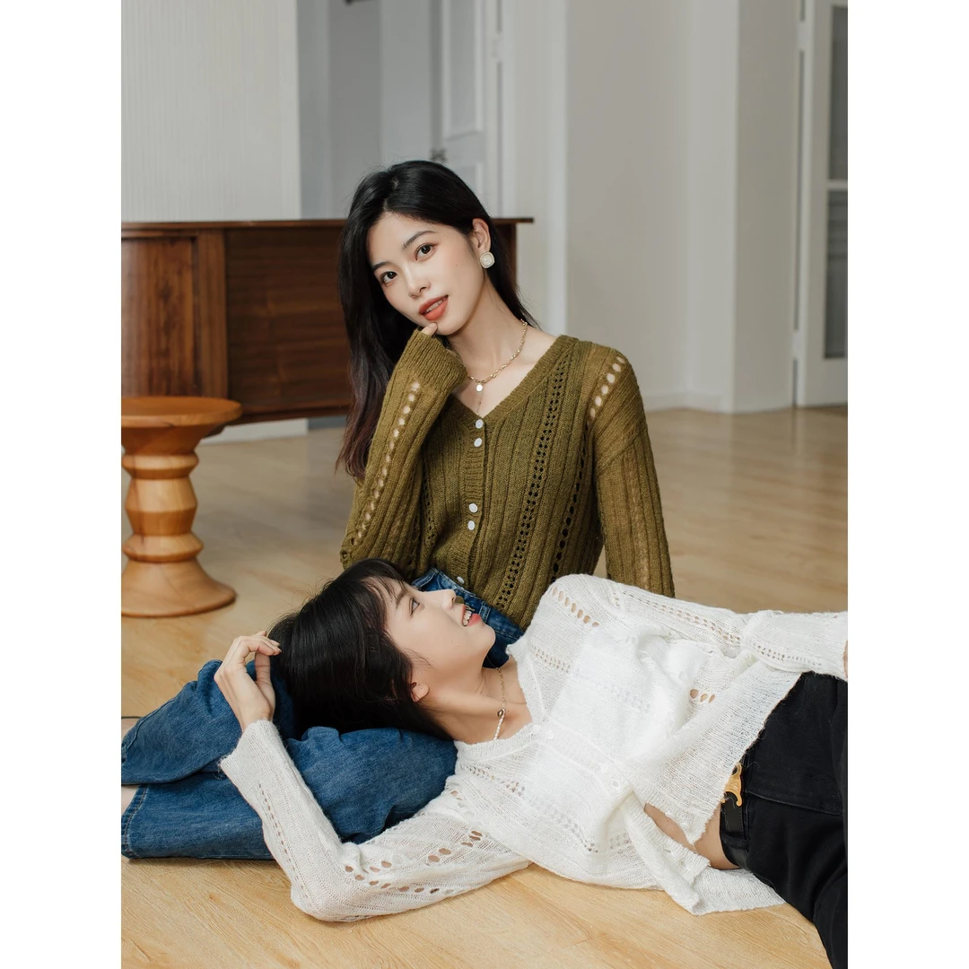 2039柒量一裁小个子秋冬毛针织衫百搭宽松气质镂空长袖毛衣女上衣