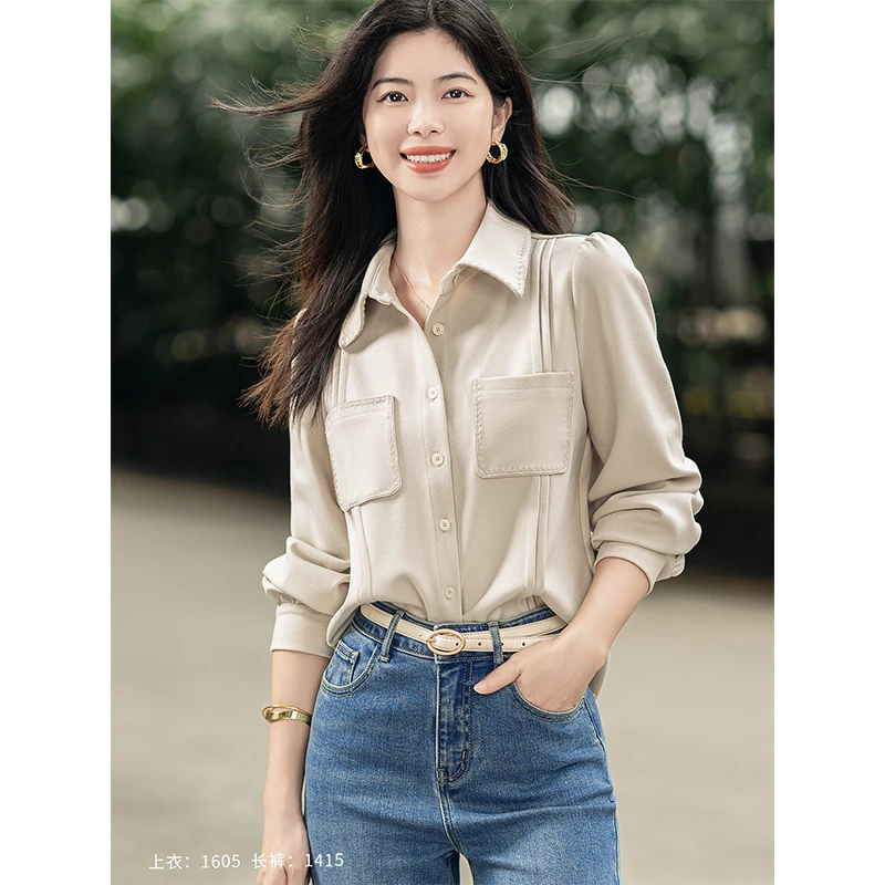 1605柒量一裁小个子浅卡其精致贝壳线设计衬衫衬衣小众上衣