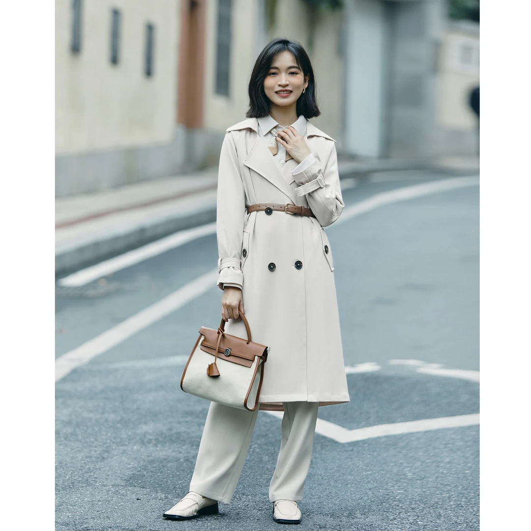 0175柒量一裁小个子杏色插肩长袖大翻领气质时尚中长款风衣外套女