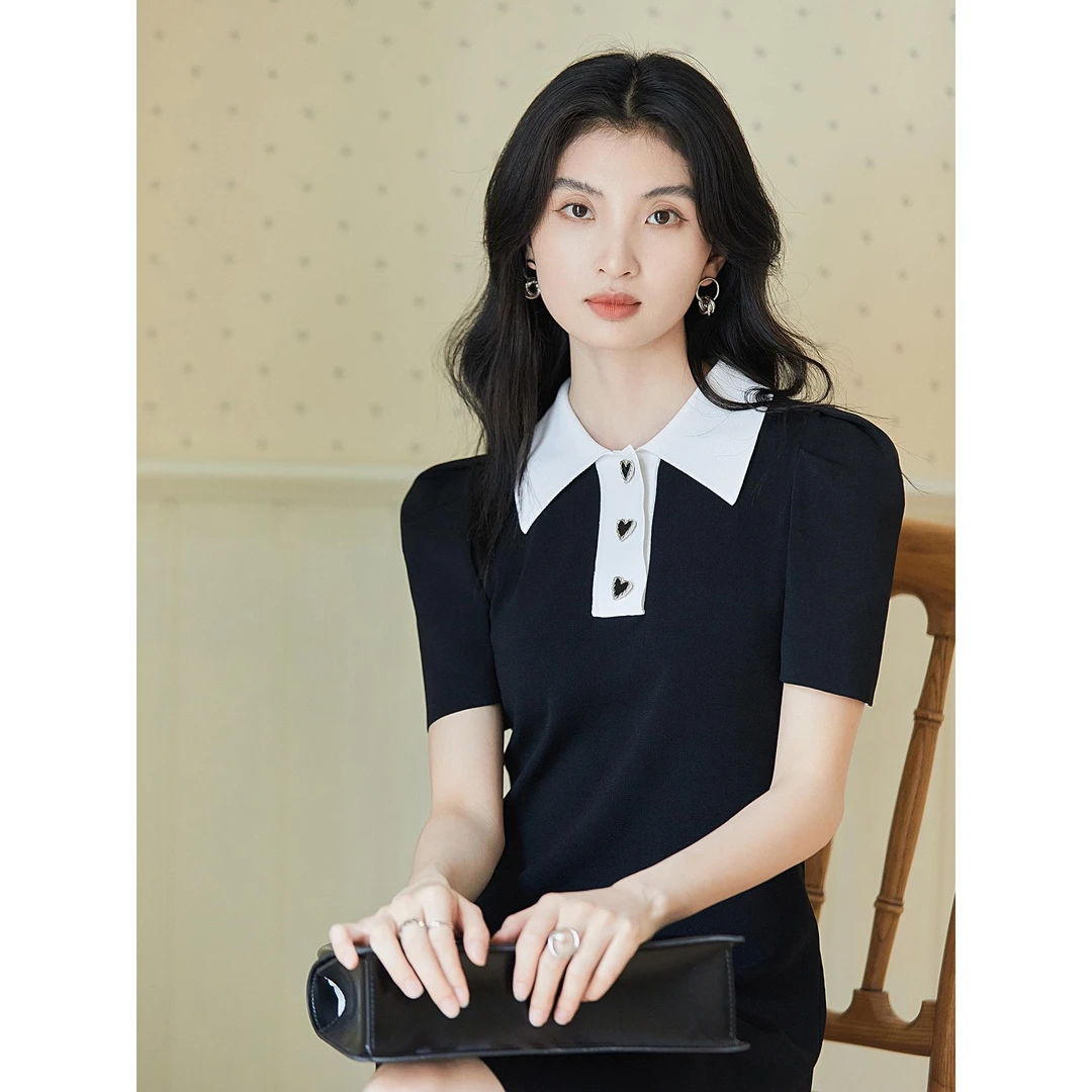 0916柒量一裁小个子黑白撞色POLO领收腰针织连衣裙气质裙子女