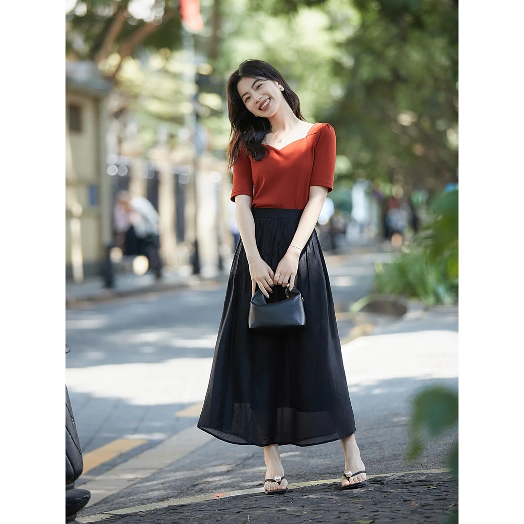 0801柒量一裁小个子黑色设计感半身裙洋气显瘦中长款高腰裙子女夏