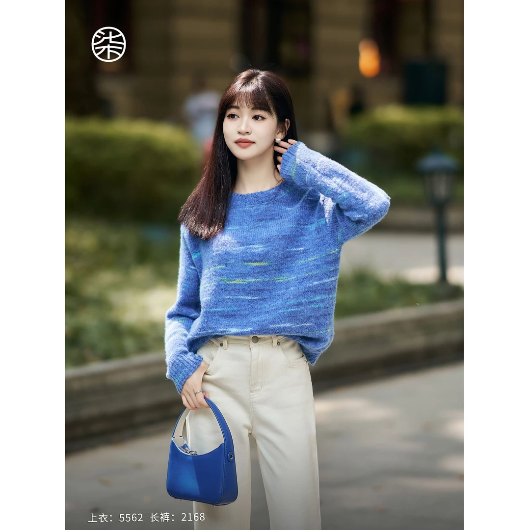 【柒量一裁】5562小个子段彩纱线蓝色圆领毛衣女气质长袖针织衫上衣