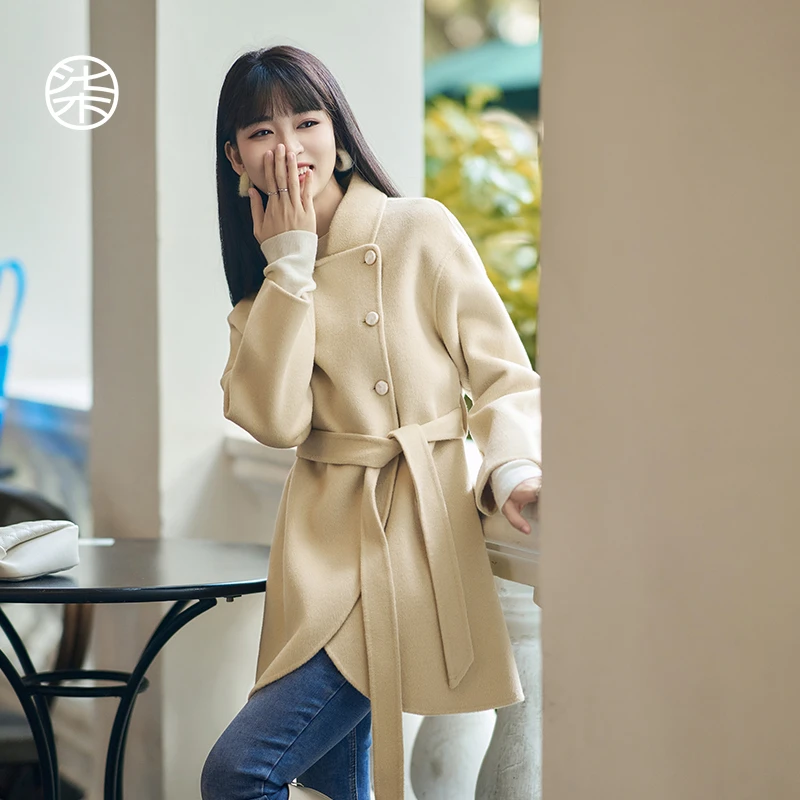 1622柒量一裁小个子中长款弧形下摆双面呢大衣气质毛呢外套女