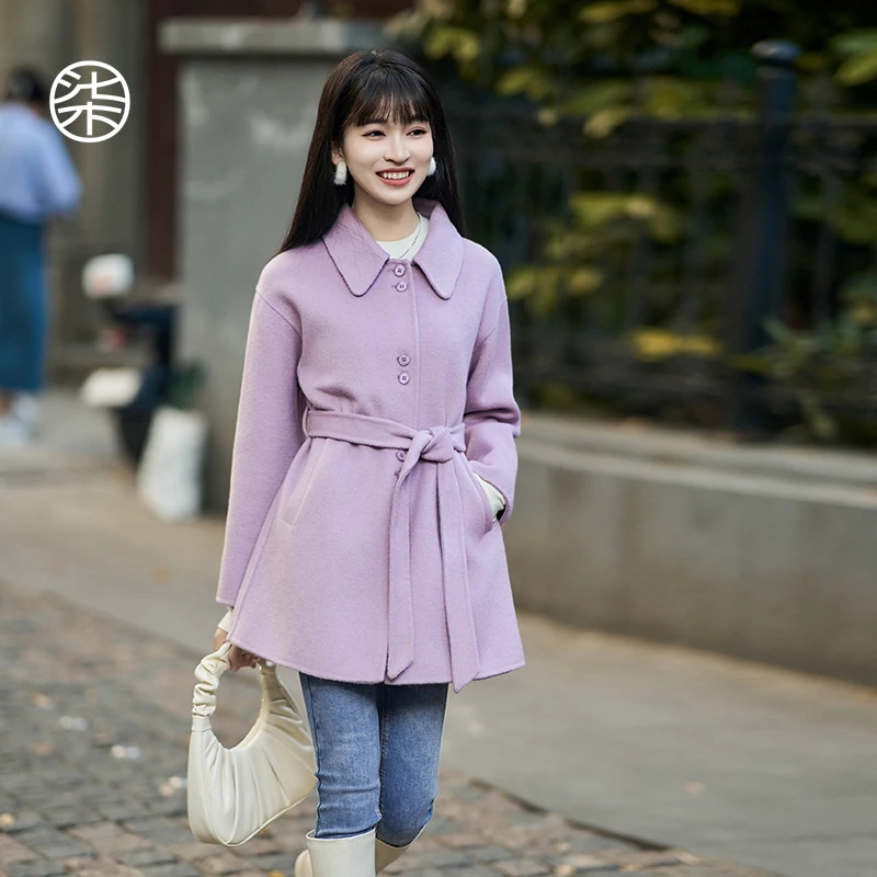 1850柒量一裁小个子紫色中长款双面绵羊毛大衣毛呢外套（配毛领）