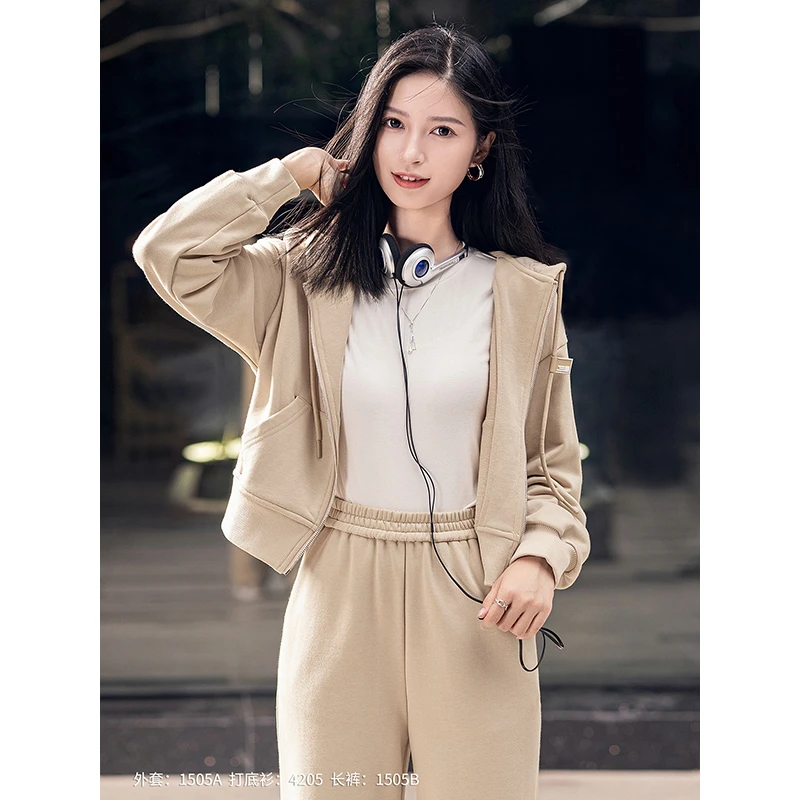1505A/B柒量一裁小个子卡其色休闲卫衣套装女短款卫衣外套+休闲裤