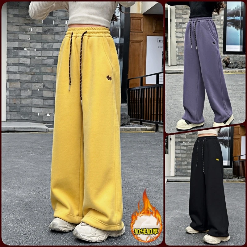 女童加绒卫裤秋冬2024新款儿童直筒运动裤冬季女孩大童一体绒裤子