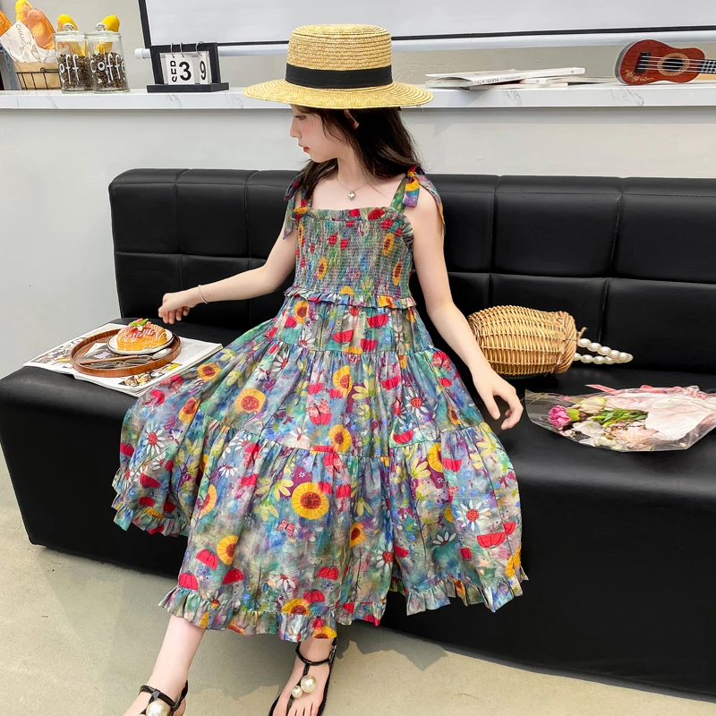 女童夏装连衣裙2024新款儿童夏款吊带碎花公主裙子大童夏季沙滩裙