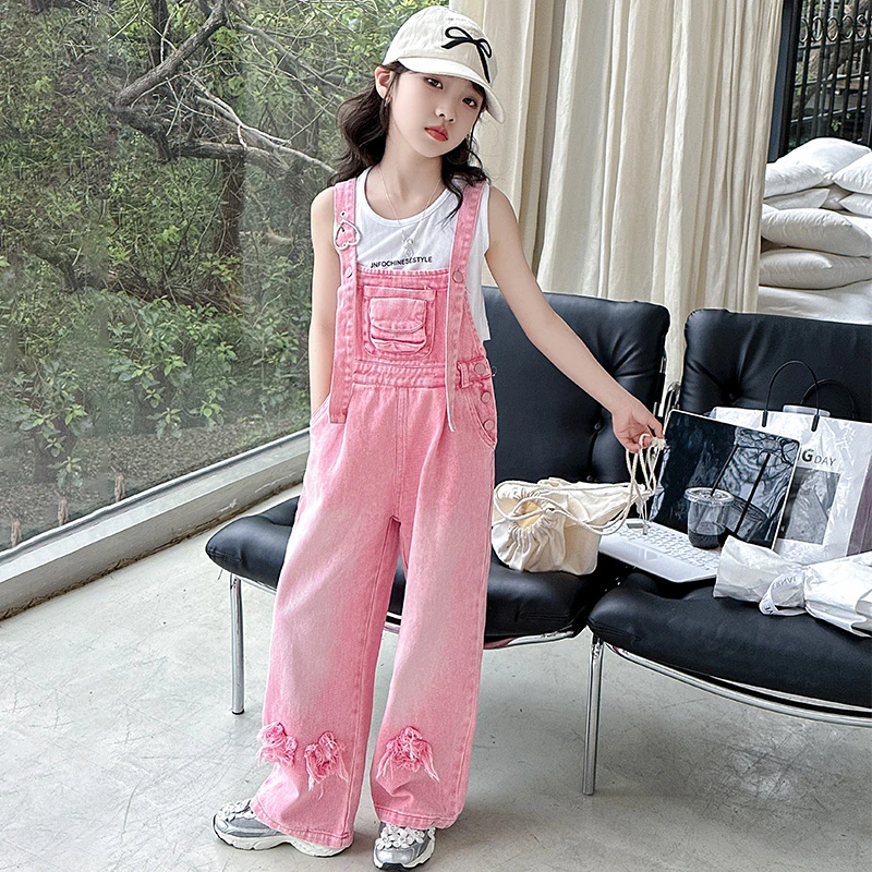 女童套装2024新款洋气韩版宽松中大童时髦休闲T恤背带裤两件套装