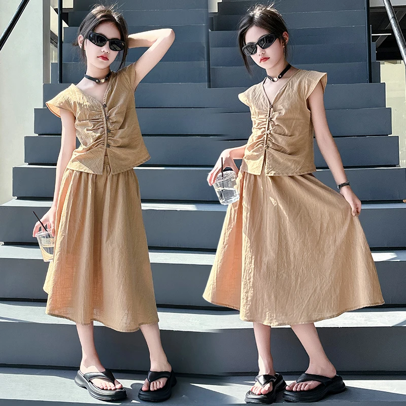 高级感套装裙女童夏装2024年新款气质时尚V领上衣半身长裙两件套