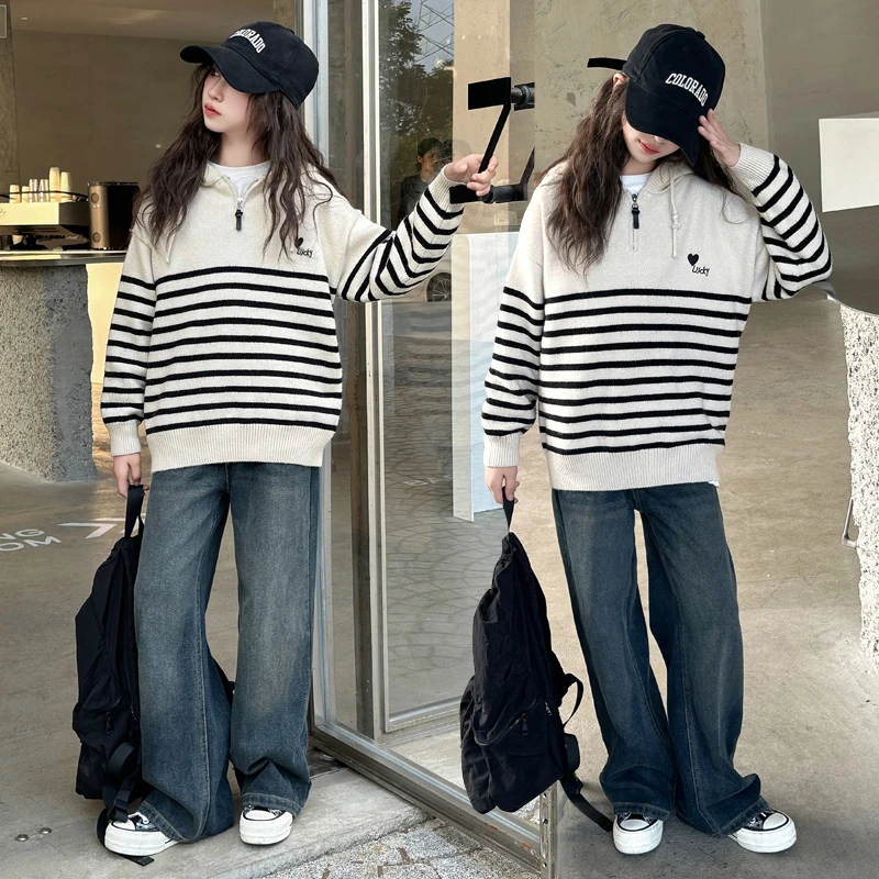 女童秋装外套2024新款洋气女大童韩系条纹连帽上衣儿童牛仔裤套装