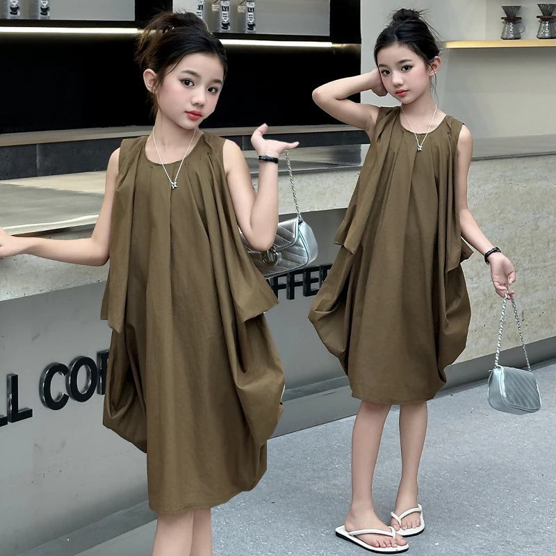 女童花苞裙2024夏季新款韩版宽松无袖背心裙设计感不规则连衣裙潮