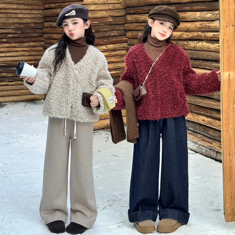 女童秋冬装洋气小女孩加厚毛毛衣百搭打底衫休闲牛仔阔腿裤三件套