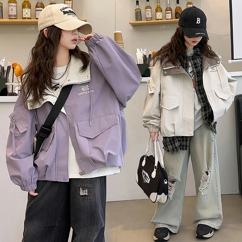 女童外套春秋款2024新款洋气中大儿童时髦工装连帽冲锋衣秋季上衣