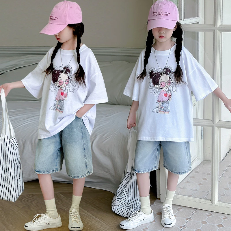 儿童洋气短袖套装夏季2024新款女童网红上衣女孩休闲短裤两件套薄