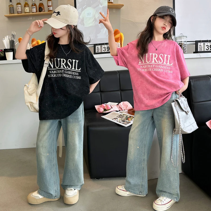 女童夏装套装2024新款洋气女大童时髦休闲儿童装T恤牛仔裤两件套