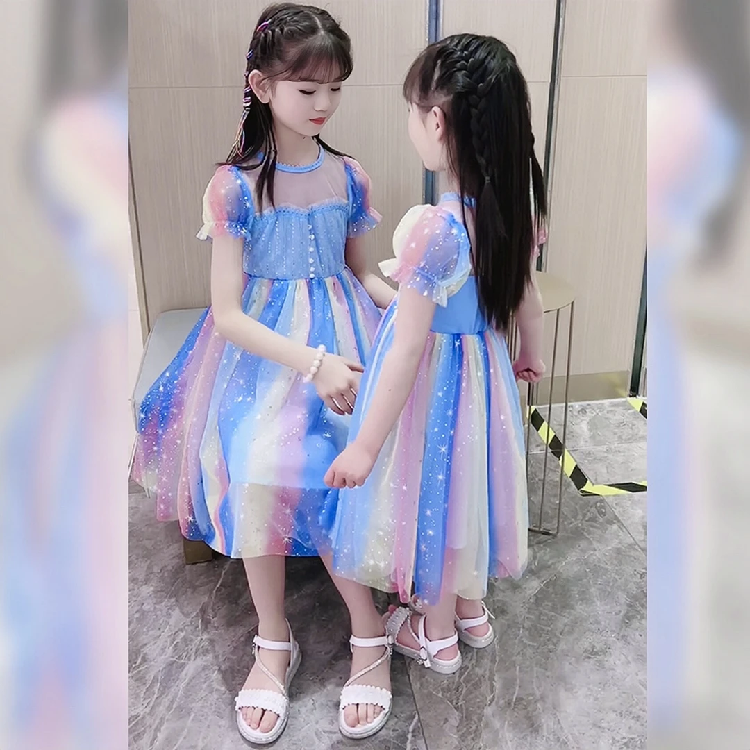 女童连衣裙夏季新款彩虹裙子中大童韩版洋气纱裙儿童时髦公主裙潮