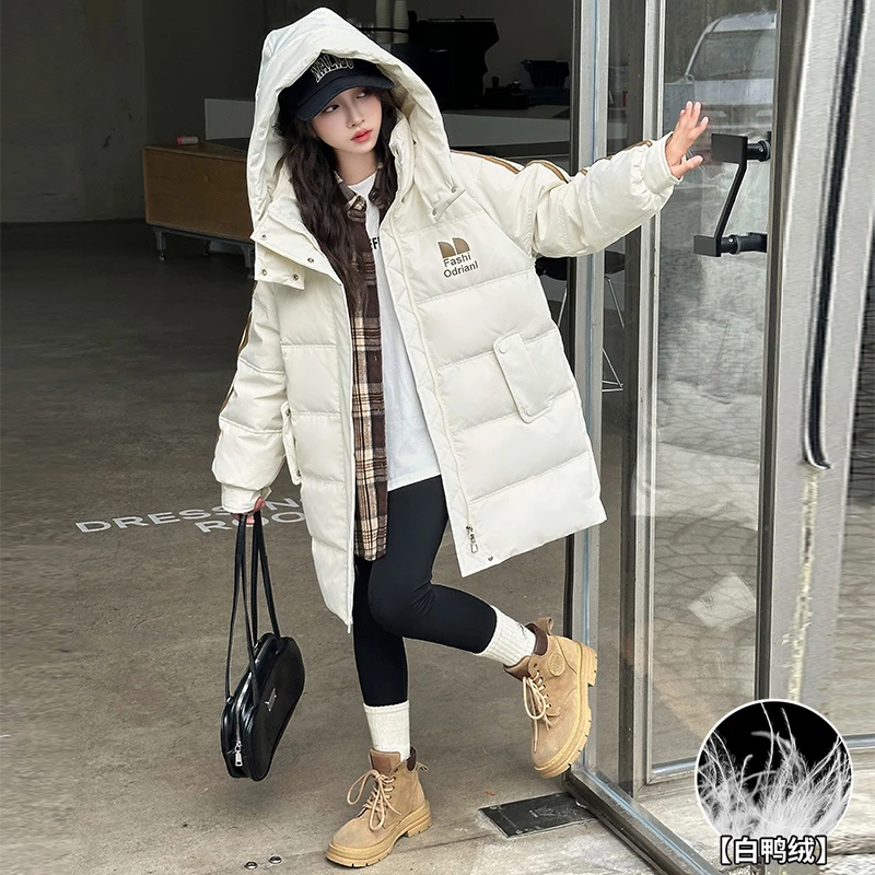 女童中长款加厚白鸭绒羽绒服2024新款女大童韩版宽松外套过膝棉服