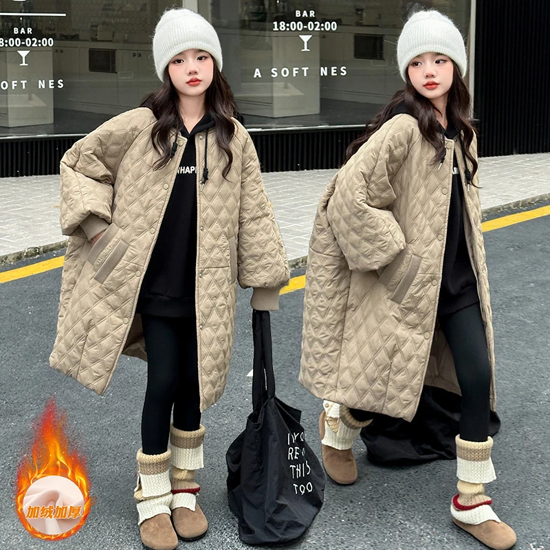 女童外套秋冬款2024新款中大童洋气冬季加厚上衣儿童冬装长款棉服