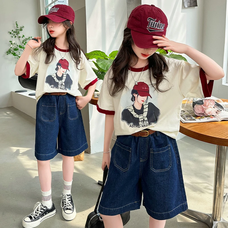 女童夏装套装2024新款洋气中大童休闲运动夏季薄款牛仔中裤两件套
