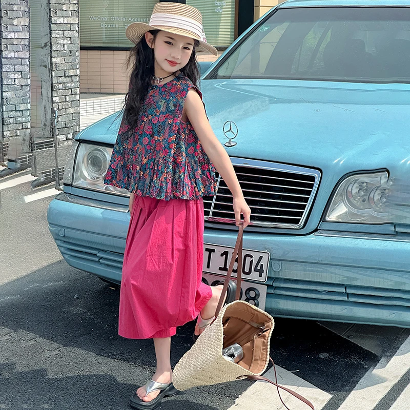 女童夏装套装2025新款洋气女孩无袖碎花衬衫夏季儿童阔腿裤两件套