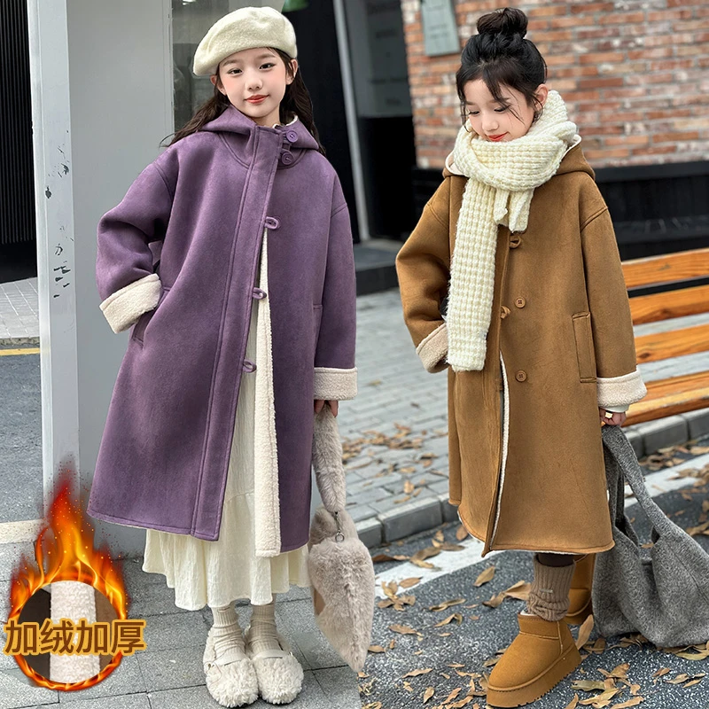 女童长款连帽皮毛一体外套2024秋冬装大衣冬季麂皮绒加绒加厚棉服