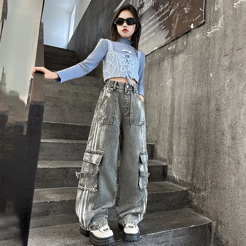 女童牛仔裤秋装2024新款儿童炸街工装裤春秋女大童洋气直筒阔腿裤