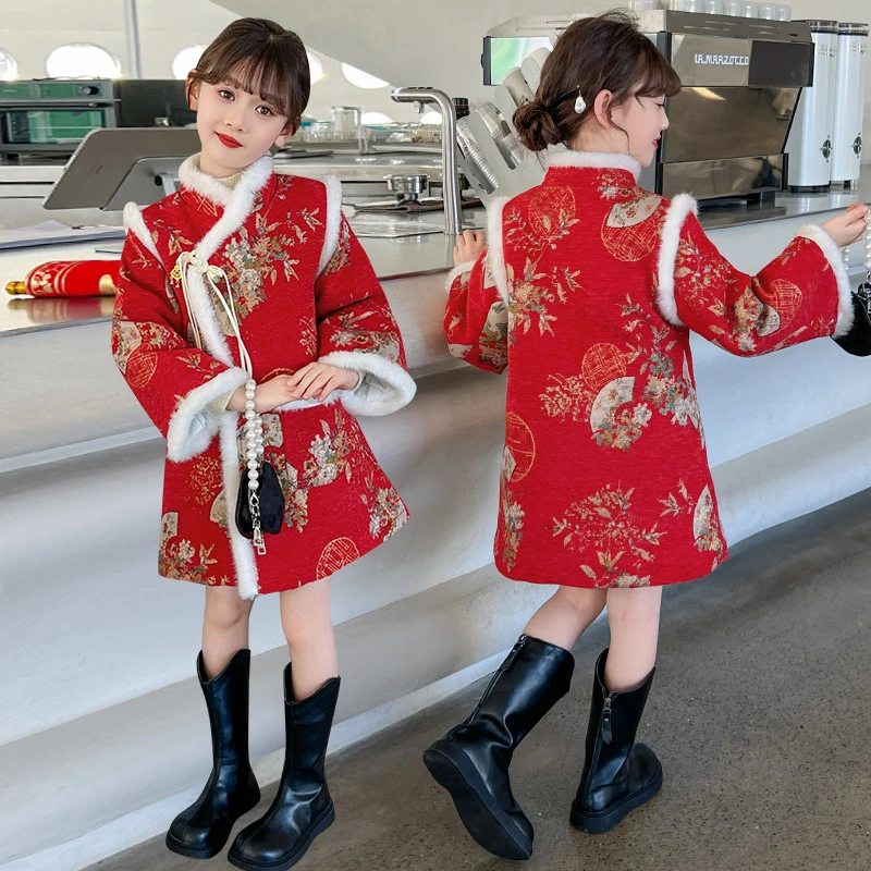女童国风红色加绒中式旗袍裙拜年服女孩2024冬装新款加厚流苏唐装