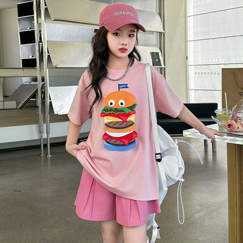 女童夏装套装2024新款洋气中大童9儿童汉堡短袖T恤短裤休闲两件套