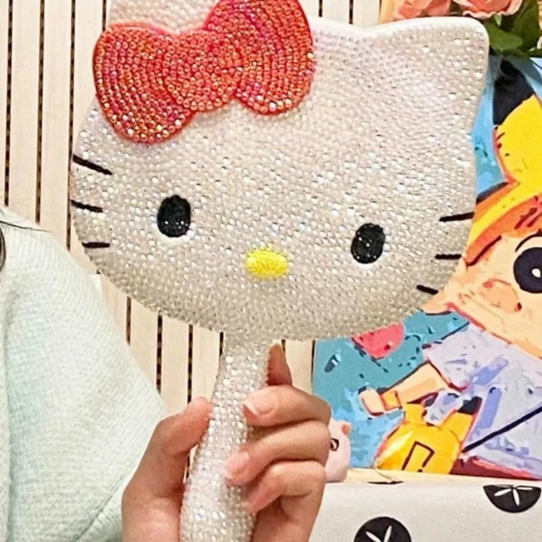 DIY手工粘钻满钻便携化妆镜可爱卡通KT猫镜子手柄镜子贴钻礼品