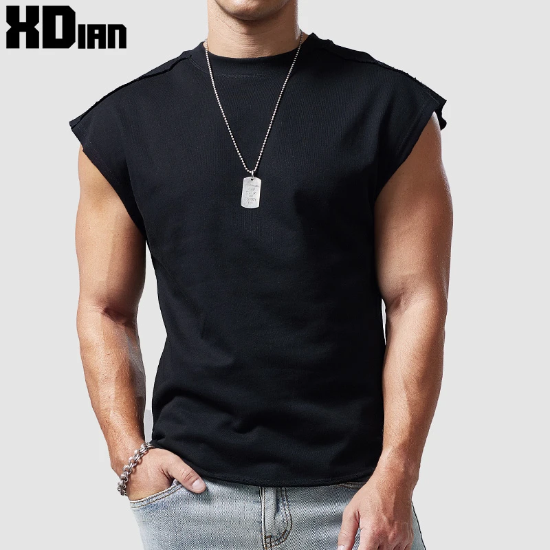 260克无袖t恤男重磅宽松棉运动健身坎肩砍袖夏季美式宽肩背心打底