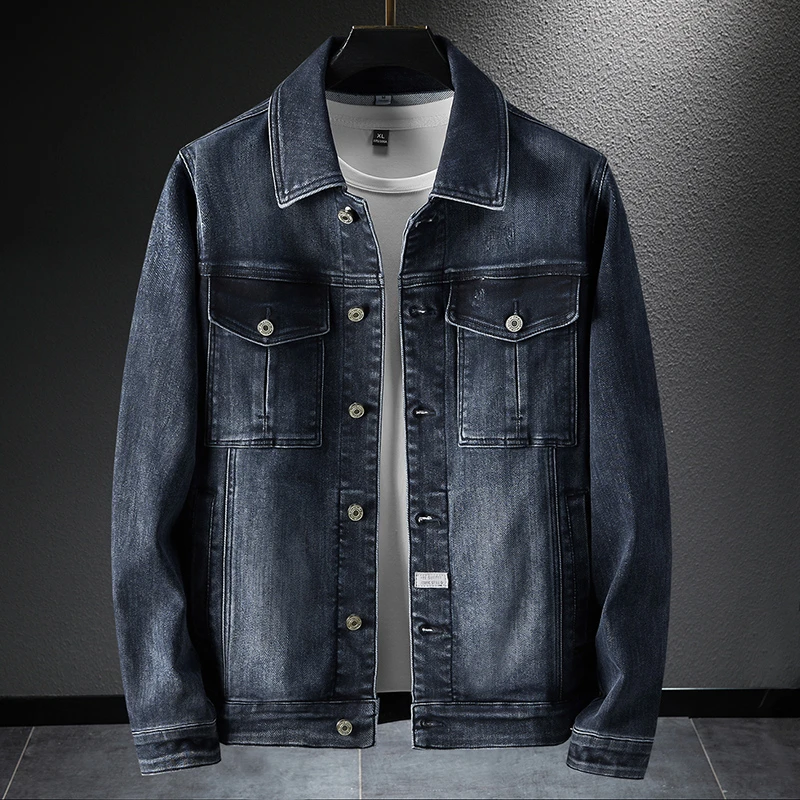 克里斯复古蓝工装牛仔外套男春秋新款潮牌翻领机车夹克休闲弹力