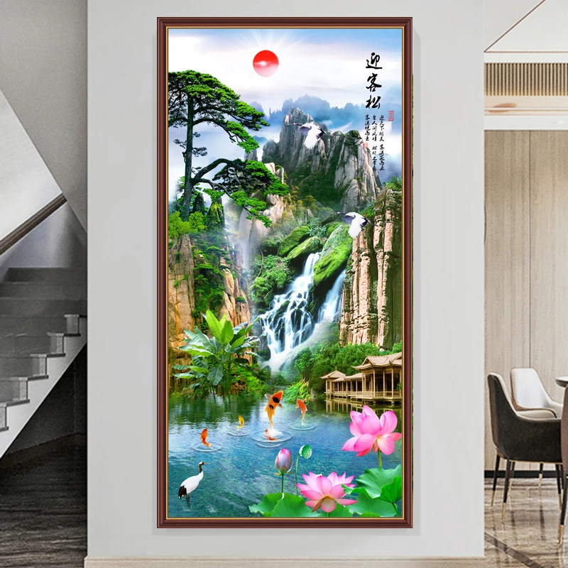 玄关3d立体自粘山水画流水生财风景画客厅入户玄关背景墙面贴画