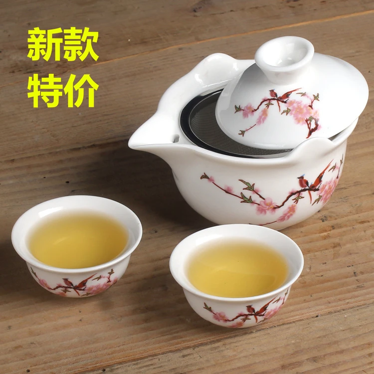 防烫三才盖碗茶杯大号单个陶瓷功夫茶具套装泡茶碗手抓壶白瓷带网