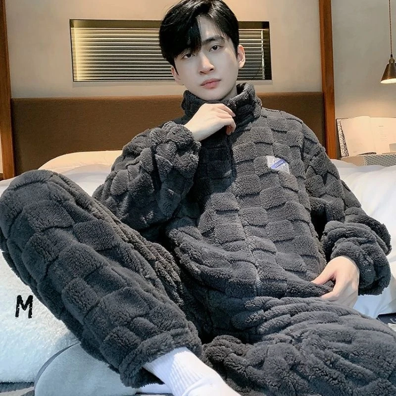 【小洁专属】方格拉链男款舒眠绒秋冬季大码睡衣家居服可外穿套装
