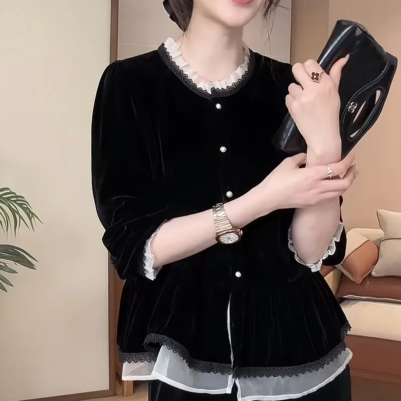 欧货气质黑色丝绒设计感上衣秋季新款时尚显瘦假两件拼接百搭外套