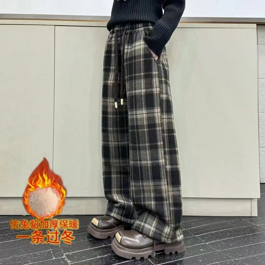 仿兔貂格子裤女冬季2024年新款垂感高腰加厚休闲直筒复古阔腿裤