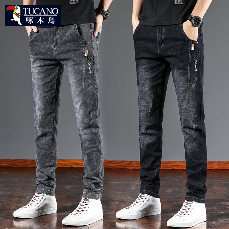 啄木鸟男士潮流牛仔裤秋冬款男牛仔裤子加绒加厚百搭修身弹力长裤