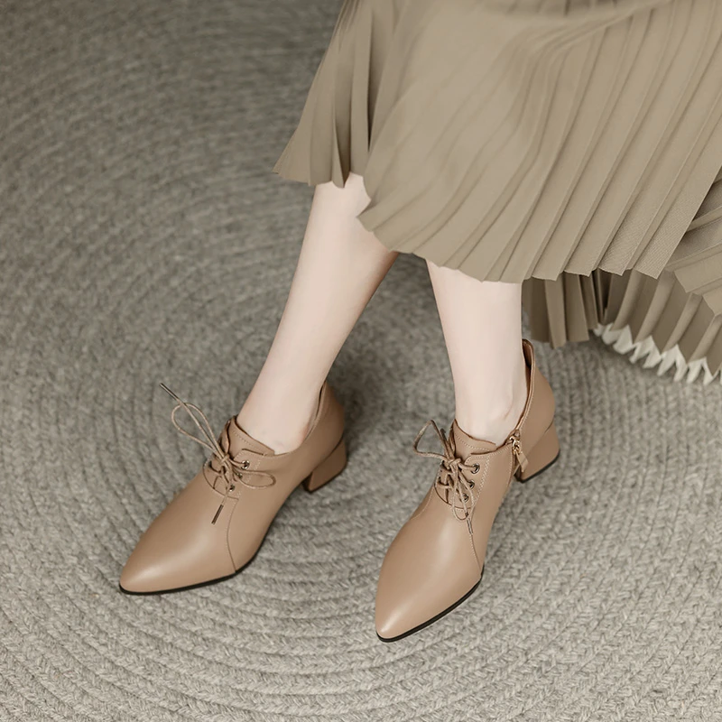 真皮单鞋女春季2024年新款软皮尖头粗跟高跟鞋春秋深口高跟小皮鞋