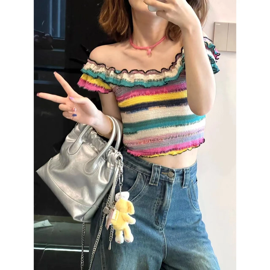 YMM 夏季彩色条纹修身显瘦两穿针织吊带上衣YMM0605