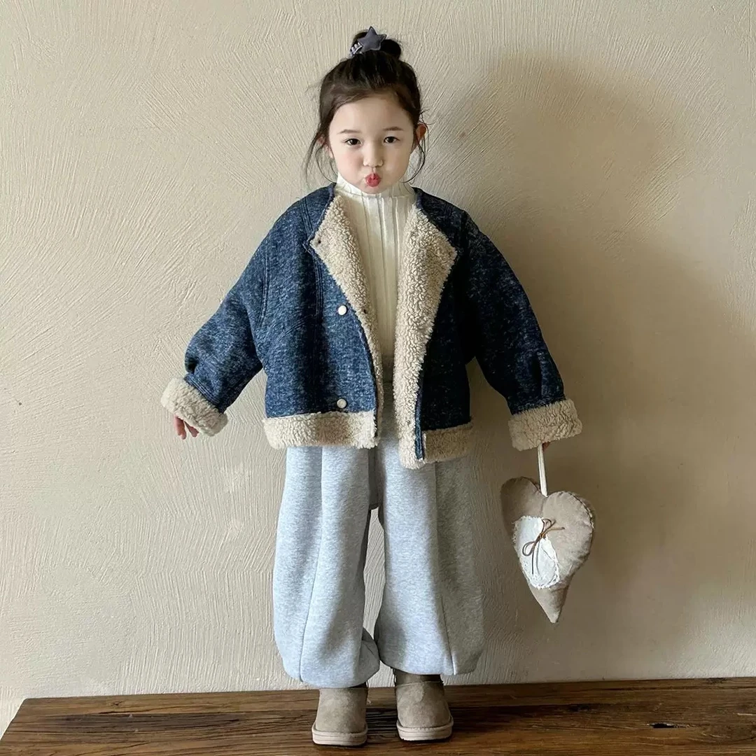 女童牛仔羊羔绒外套2025冬装新款儿童加绒加厚韩系小女孩皮毛一体