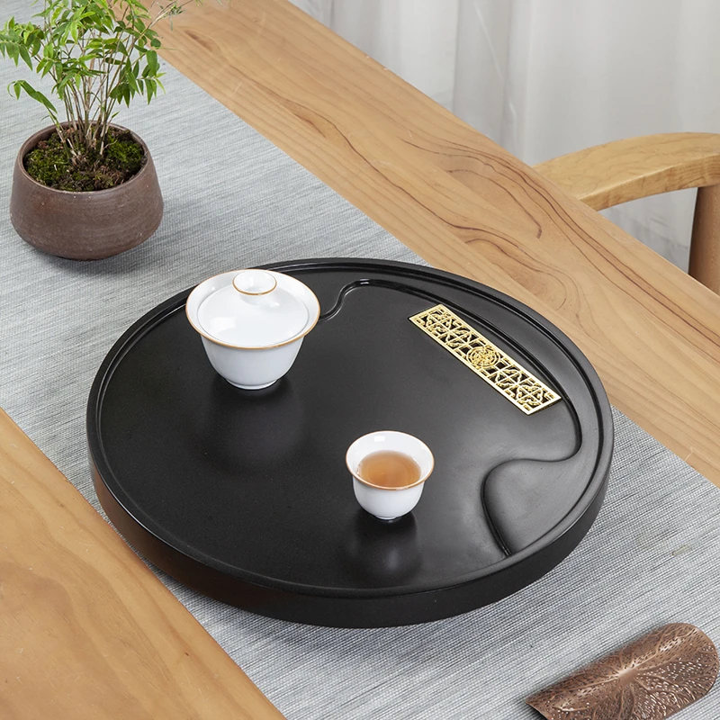 乌金石茶盘天然整块石头圆形茶海干泡轻奢茶台家用简约托盘新中式